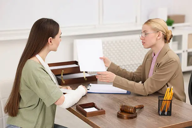 injury lawyer meeting with client to discuss legal options after accident