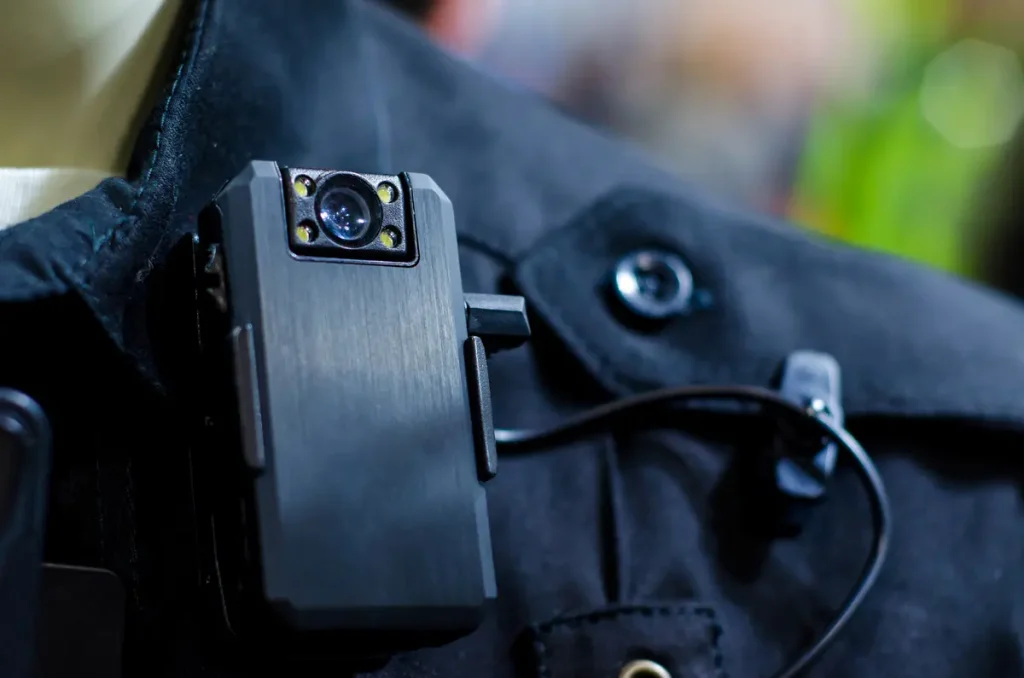 Legal team reviewing body camera footage in police misconduct case.