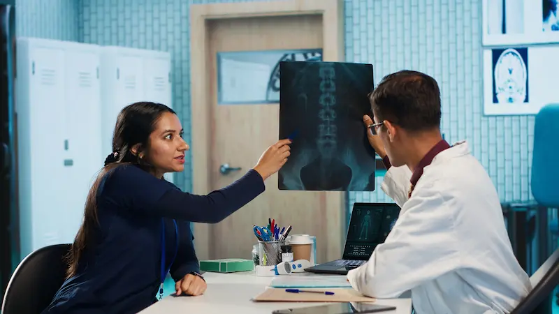 Attorney meeting with spinal cord injury client to discuss legal options.