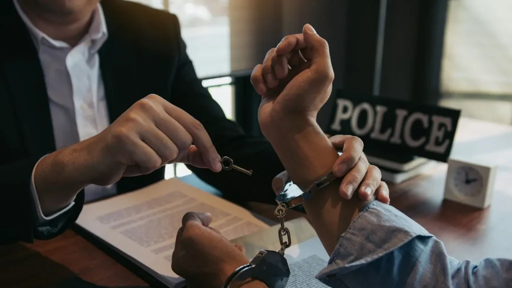 Civil rights attorney meeting with wrongful arrest client in office.